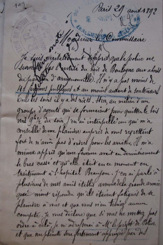 1892 Letter from B. Rousseau to the Paris Police